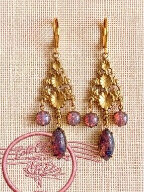 Victorian Pink Fire Opal Chandelier Gold 18K Drop Earrings